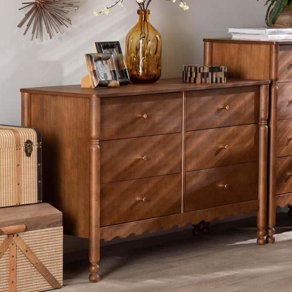 Baxton Studio Baxton Studio Hoffman 6-drawer Rubberwood Dresser with Turned Legs for Farmhouse Bedrooms MG9022-Walnut-6DW-Dresser