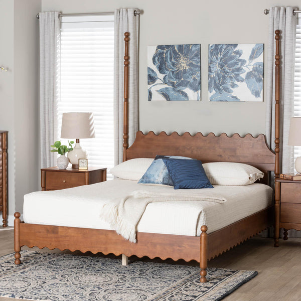 Baxton Studio Baxton Studio Hoffman Rubberwood Platform Bed Farmhouse Scalloped Headboard Turned Post Frame Queen Size MG0261-Walnut-Queen