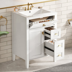 English Elm "24'' 24 Inch Glossy Freestanding Bathroom Vanity with Gold Hardware and Soft Close Storage White Rubberwood N725P448529K