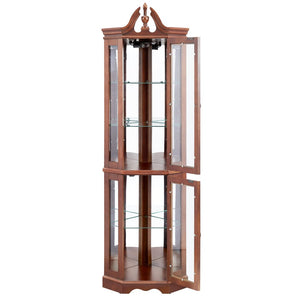 English Elm Walnut Corner Display Cabinet with Mirrored Back Lit Glass Shelves for Living Room W1693P176659