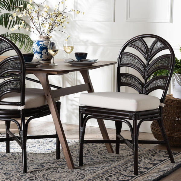 Baxton Studio Bali & Pari Niven Handwoven Rattan Dining Chair Coastal Boho Cushioned Wicker Seat Niven-Rattan/Coffee Bean-Cushion-DC