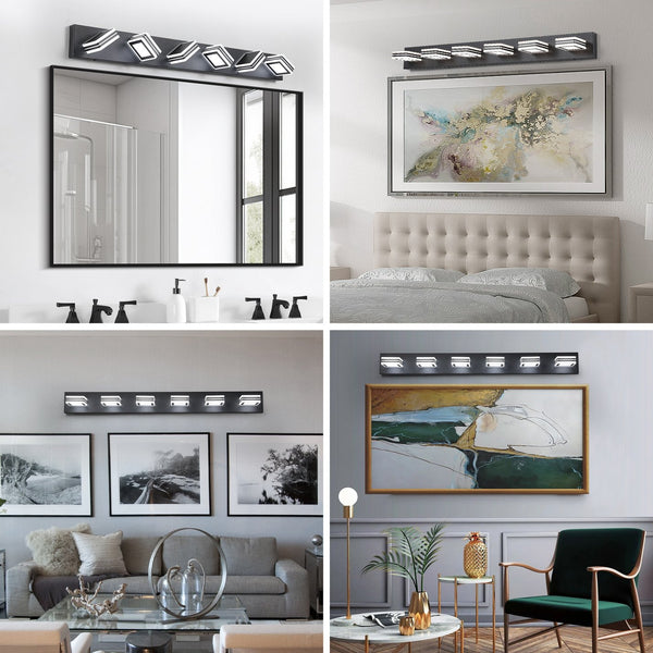 English Elm 40" Modern 6-Light LED Vanity Light — Sleek Iron & Acrylic Bathroom Wall Fixture, Dimmable, 36W Black W2312P374875