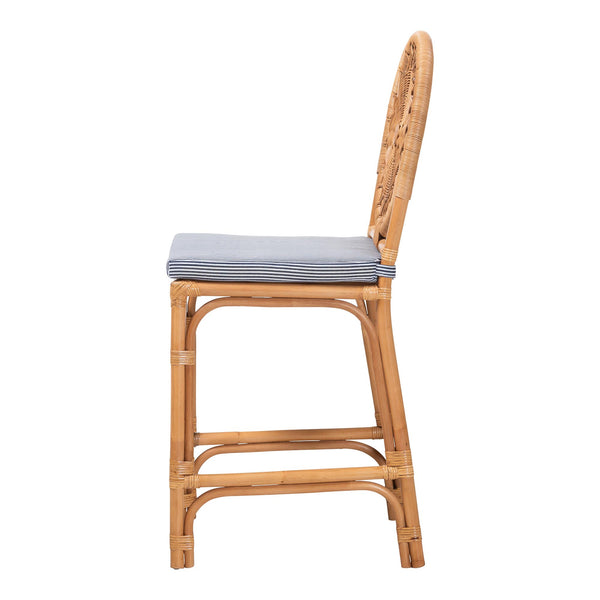Baxton Studio Bali & Pari Oberon Handwoven Rattan Counter Stool Coastal Artisan Kitchen Island Seat Oberon-Rattan/Light Honey-Cushion-CS