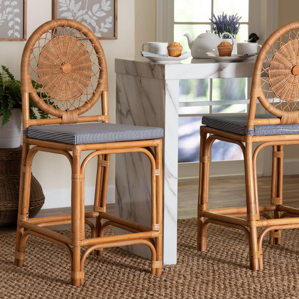 Baxton Studio Bali & Pari Oberon Handwoven Rattan Counter Stool Coastal Artisan Kitchen Island Seat Oberon-Rattan/Light Honey-Cushion-CS