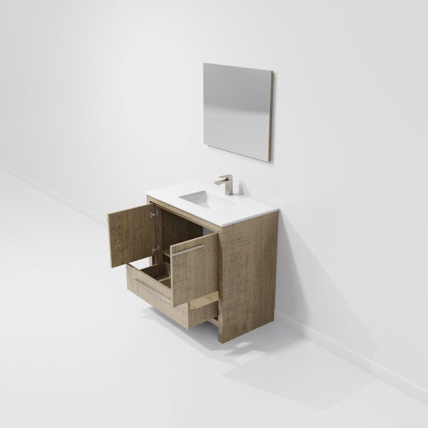 English Elm Rustic Acacia Bath Vanity 36" W With White Quartz Top, Gun Metal Faucet Set & 28" Framed Mirror B2731S01949-GIGA