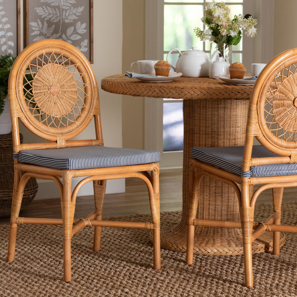 Baxton Studio Bali & Pari Oberon Handwoven Rattan Bistro Chair with Sunburst Weave and Foam Cushion Oberon-Rattan/Light Honey-Cushion-DC