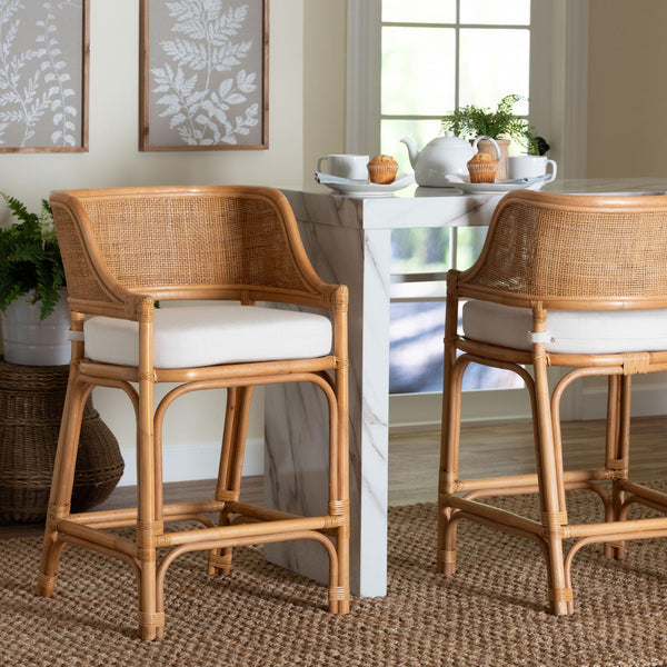 Baxton Studio Bali & Pari Ottis Handwoven Rattan Cushioned Counterstool with Coastal Bohemian Charm Ottis-Rattan/Light Honey-Cushion-CS