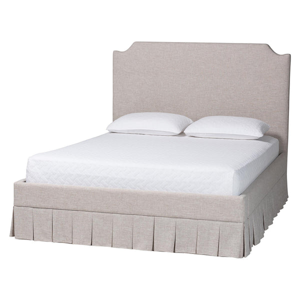 Baxton Studio Baxton Ronelyn Platform Bed Frame With Pleated Skirt And Upholstered Panel Headboard, Low-Profile Modern Design Queen BBT61383-Beige-H1217-3-Queen