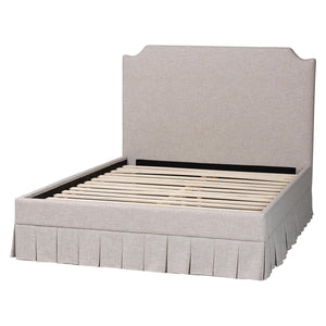 Baxton Studio Baxton Ronelyn Platform Bed Frame With Pleated Skirt And Upholstered Panel Headboard, Low-Profile Modern Design Queen BBT61383-Beige-H1217-3-Queen