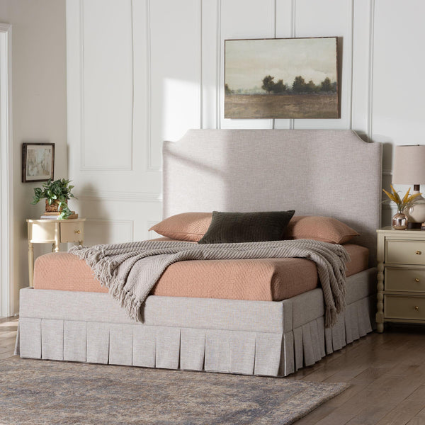 Baxton Studio Baxton Ronelyn Platform Bed Frame With Pleated Skirt And Upholstered Panel Headboard, Low-Profile Modern Design Queen BBT61383-Beige-H1217-3-Queen