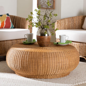 Baxton Studio Bali & Pari Beatriz Handwoven Rattan Round Coffee Table Sculptural Boho Coastal Living Room Beatriz-Rattan/Light Honey-CT