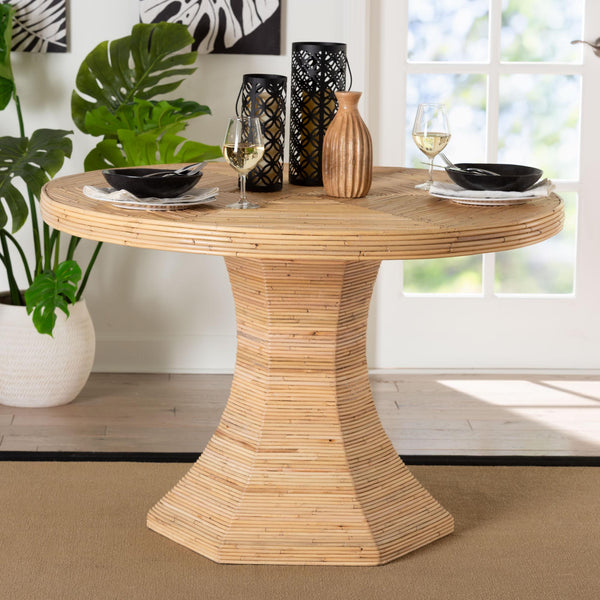 Baxton Studio Bali & Pari Benito Handwoven Rattan Round Pedestal Dining Table for Coastal Spaces Benito-Wooden/Rattan-Light Honey-DT