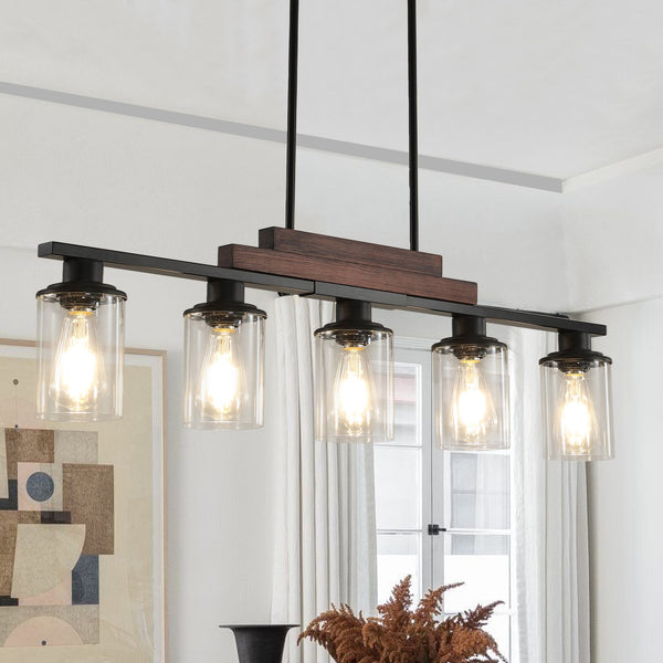 English Elm 37" Farmhouse Industrial 5-Light Pendant Light Walnut Black Metal Wood Chandelier with Clear Glass Shades, Adjustable Height for Kitchen Island Dining Room Living Room W2312P368680