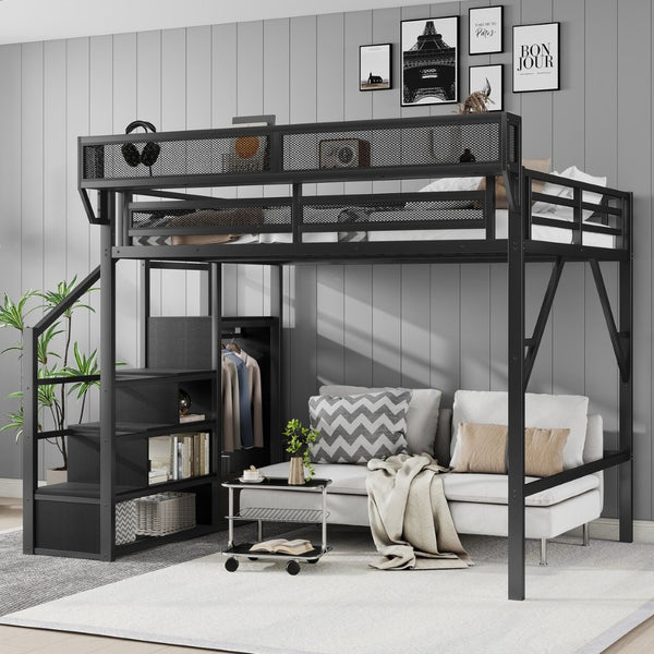 English Elm Full Size Metal Loft Bed with Stair Storage and Built-in Wardrobe for Kids W2580S00058