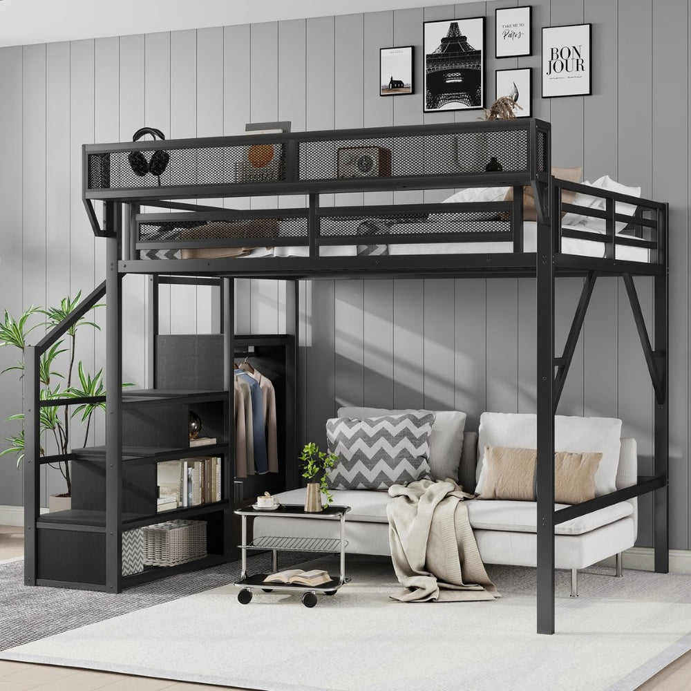 English Elm Queen Metal Loft Bed with Staircase Wardrobe and Shelves for Teens Adults W2580S00090