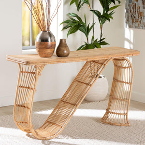 Baxton Studio Bali & Pari Araceli Handwoven Rattan Console Table Sculptural S-curve Entryway Accent Araceli-Rattan/Light Honey-Console Table