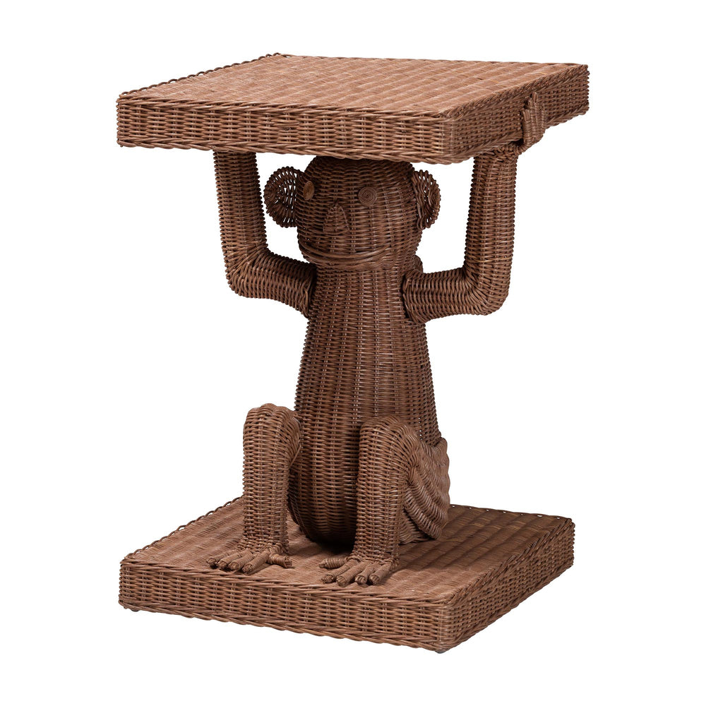 Baxton Studio Bali Miyoco Monkey End Table — Handwoven Rattan Accent Table With Mahogany Frame, Sculptural Charm Monkey-Light Brown/Rattan-ET