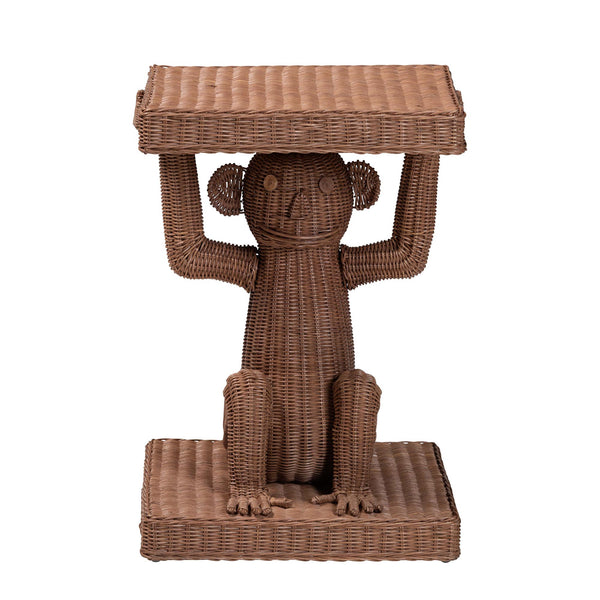 Baxton Studio Bali Miyoco Monkey End Table — Handwoven Rattan Accent Table With Mahogany Frame, Sculptural Charm Monkey-Light Brown/Rattan-ET