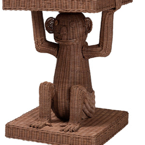 Baxton Studio Bali Miyoco Monkey End Table — Handwoven Rattan Accent Table With Mahogany Frame, Sculptural Charm Monkey-Light Brown/Rattan-ET