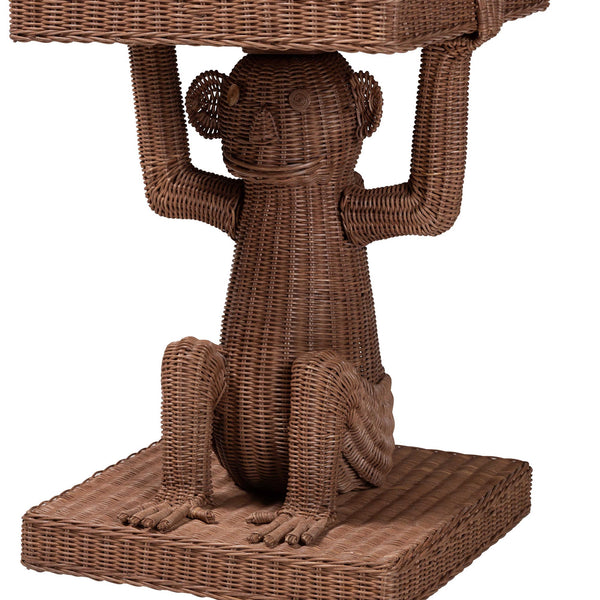 Baxton Studio Bali Miyoco Monkey End Table — Handwoven Rattan Accent Table With Mahogany Frame, Sculptural Charm Monkey-Light Brown/Rattan-ET