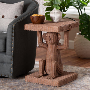 Baxton Studio Bali Miyoco Monkey End Table — Handwoven Rattan Accent Table With Mahogany Frame, Sculptural Charm Monkey-Light Brown/Rattan-ET