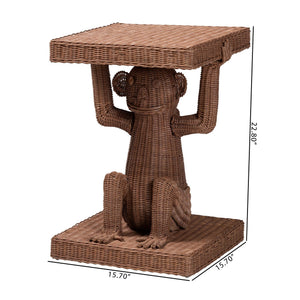 Baxton Studio Bali Miyoco Monkey End Table — Handwoven Rattan Accent Table With Mahogany Frame, Sculptural Charm Monkey-Light Brown/Rattan-ET