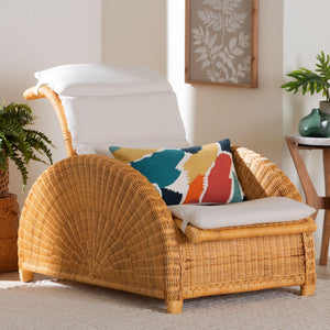 Baxton Studio Bali & Pari Aries Handwoven Rattan Chaise Lounge with Tufted Cushion for Sunroom Aries-Light Honey/Rattan-Cushion-Lounger