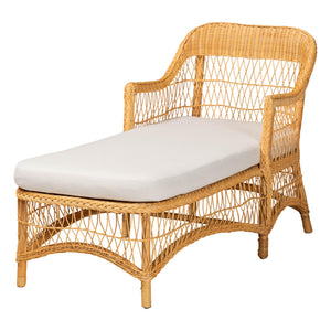 Baxton Studio Bali & Pari Bruno Handwoven Rattan Chaise Lounge with Cushion for Boho Living Rooms Bruno-Light Honey/Rattan-Cushion-Lounger