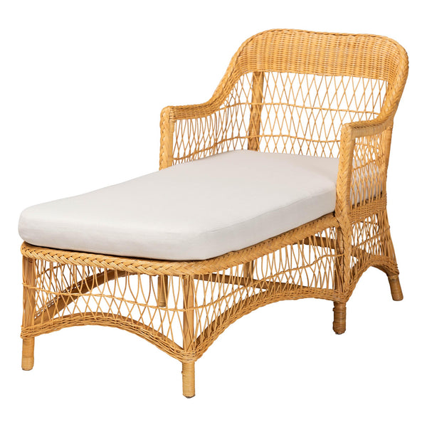 Baxton Studio Bali & Pari Bruno Handwoven Rattan Chaise Lounge with Cushion for Boho Living Rooms Bruno-Light Honey/Rattan-Cushion-Lounger