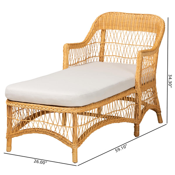Baxton Studio Bali & Pari Bruno Handwoven Rattan Chaise Lounge with Cushion for Boho Living Rooms Bruno-Light Honey/Rattan-Cushion-Lounger