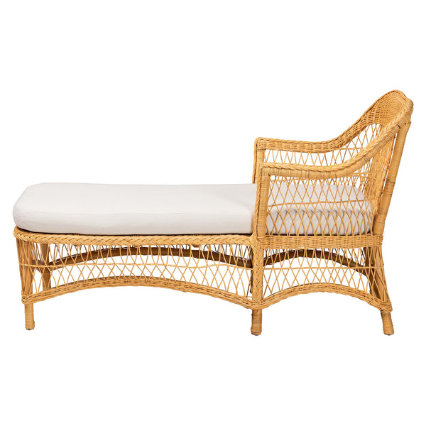 Baxton Studio Bali & Pari Bruno Handwoven Rattan Chaise Lounge with Cushion for Boho Living Rooms Bruno-Light Honey/Rattan-Cushion-Lounger