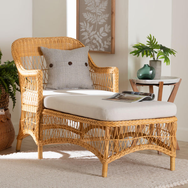 Baxton Studio Bali & Pari Bruno Handwoven Rattan Chaise Lounge with Cushion for Boho Living Rooms Bruno-Light Honey/Rattan-Cushion-Lounger