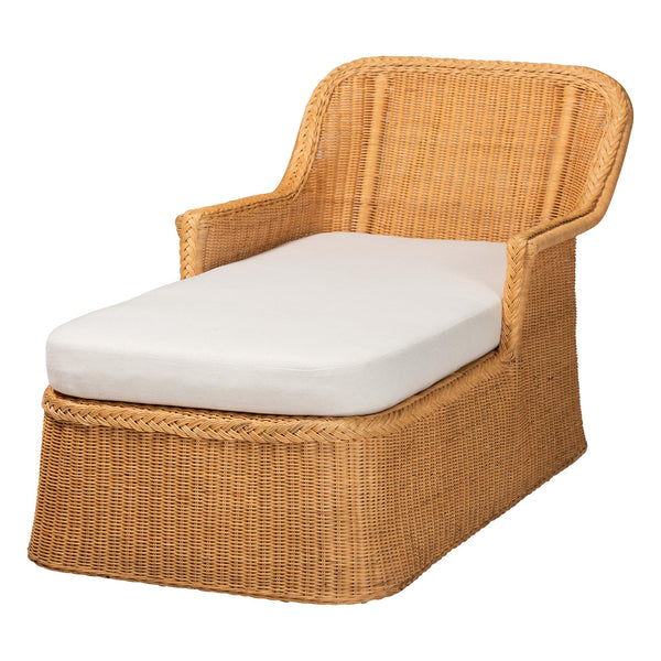 Baxton Studio Bali & Pari Cesar Handwoven Natural Rattan Indoor Chaise Lounge with Plush Cushion Cesar-Light Honey/Rattan-Cushion-Lounger