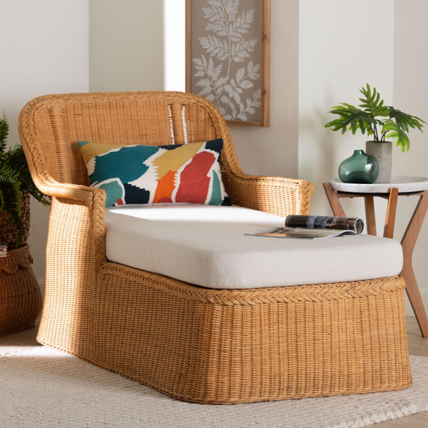 Baxton Studio Bali & Pari Cesar Handwoven Natural Rattan Indoor Chaise Lounge with Plush Cushion Cesar-Light Honey/Rattan-Cushion-Lounger