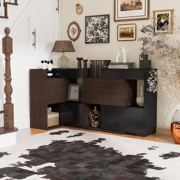 English Elm Set of 2 Extendable Rotating Storage Cabinets 32.5"-58.8" W, Black & Walnut Modern Buffet Sideboard SN845P261744D