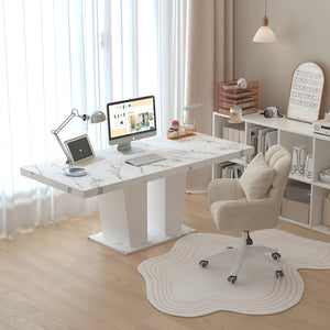 English Elm Extendable Faux Marble Dining Table with V-Legs — Sleek Expandable Conference & Kitchen Centerpiece for 6–10 White Marble W1347S00008