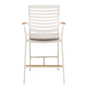 English Elm Isora Aluminum Outdoor Barstool 25" Seat Height in Light Matte Sand with Teak Accent & Weatherproof Fabric B2736P354277