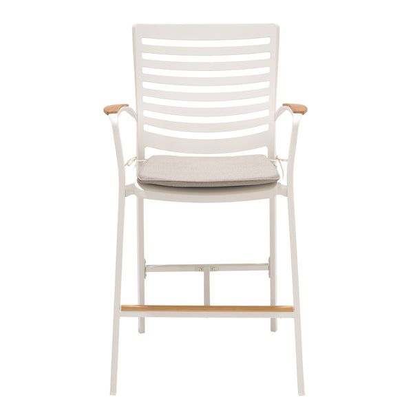 English Elm Isora Aluminum Outdoor Barstool 25" Seat Height in Light Matte Sand with Teak Accent & Weatherproof Fabric B2736P354277