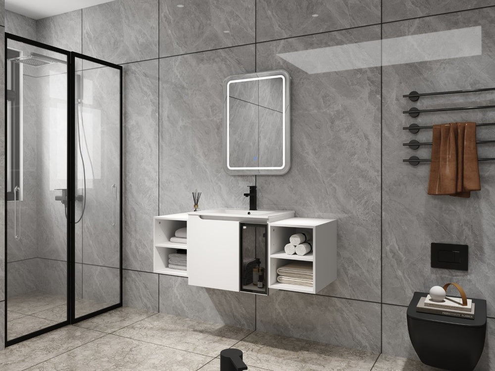 English Elm 48" Floating Bathroom Vanity with Ceramic Sink Soft Close Doors and Grey Glass Panel W999S00529