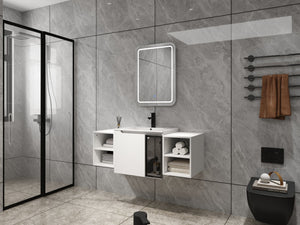 English Elm 48" Floating Bathroom Vanity with Ceramic Sink Soft Close Doors and Grey Glass Panel W999S00529