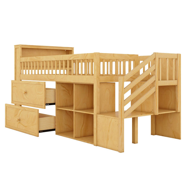 English Elm Twin Loft Bed with Built-In Stairs, Shelves, Hanging Rod & 2 Drawers for Space-Saving Kids Room Natural 45.87 L x 18.5 W x 10.83 H W2593S00005
