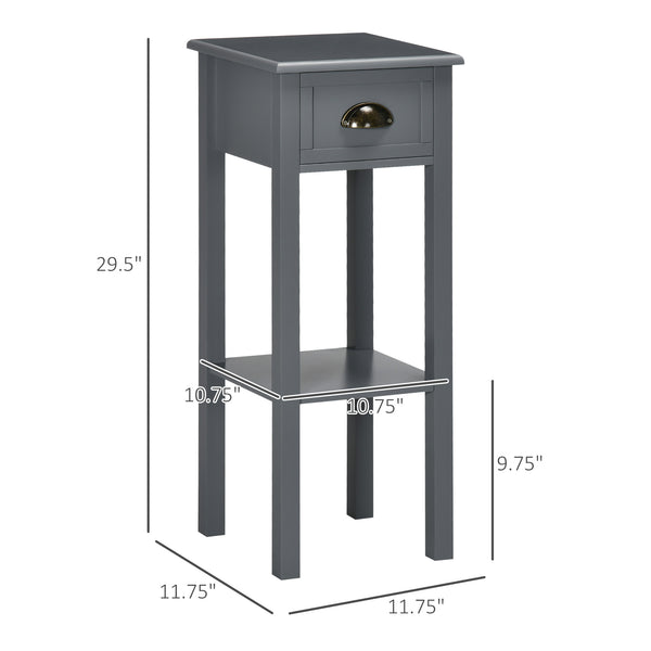 English Elm HOMCOM Narrow 2-Tier Side Table with Drawer and Elevated Shelf — Slim Accent End Table, Sturdy Storage Grey W2225P200908