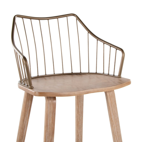 English Elm Fixed-height Farmhouse Barstool Whitewashed Spindle Back Antique Copper Frame Indoor B202P471174