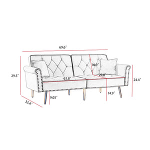 English Elm GREY Velvet Sofa Bed with Tufted Back, Gold Legs, Nailhead Trim & 2 Pillows — Modern Convertible Luxe W588P153426