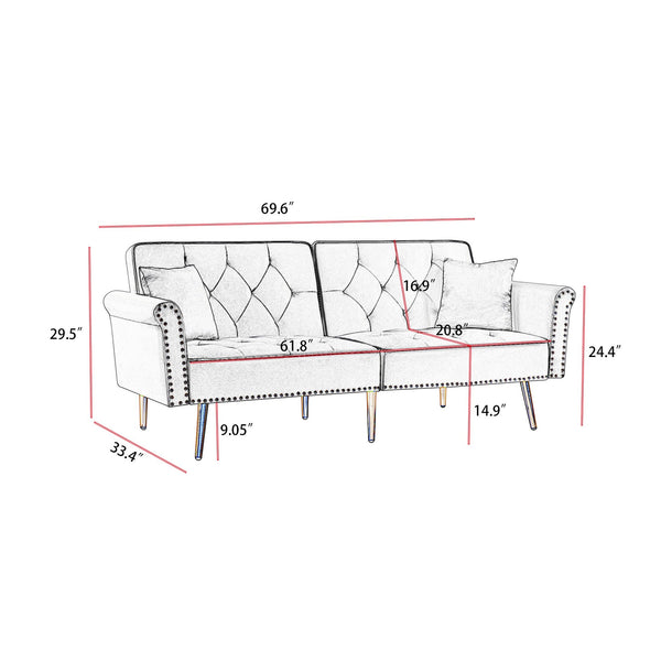 English Elm GREY Velvet Sofa Bed with Tufted Back, Gold Legs, Nailhead Trim & 2 Pillows — Modern Convertible Luxe W588P153426