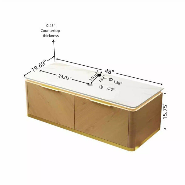 English Elm 48" Sintered Stone Countertop Vanity Base Brown Oak Cabinet Brushed Gold Handles W2615P330753