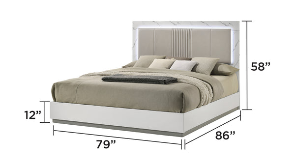 English Elm Mist King Bed Two-Tone Lacquer & Marble-Style Headboard with Padded Backing, LED Ambience Lighting B009S01596