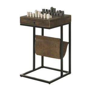 English Elm 1 Drawer Side Table with Leatherette Sling Tobacco Rustic Chessboard Top, Iron Frame, Drawer Storage B016P384808