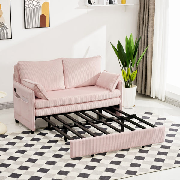 English Elm 55"convertible Corduroy Sofa Bed with Usb Port and Side Pockets for Small Apartments Pink W3373P405039