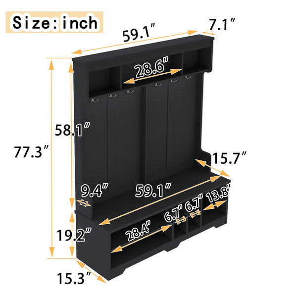 English Elm Modern Hallway Hall Tree with Bench, 6 Metal Hooks & Shoe Cubbies, Spacious Entryway Organizer Black W1580P327017